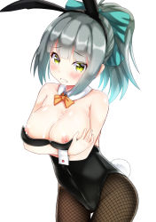 Rule 34 | 10s, 1girl, alternate costume, animal ears, bare shoulders, black pantyhose, blush, bow, bowtie, breasts, brown eyes, cleavage, cum, cum on body, cum on breasts, cum on upper body, detached collar, ebi 193, fake animal ears, fishnet pantyhose, fishnets, hair bow, hairband, kantai collection, large breasts, leotard, looking at viewer, nipples, pantyhose, playboy bunny, ponytail, rabbit ears, rabbit tail, solo, tail, wrist cuffs, yuubari (kancolle)