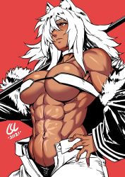 Rule 34 | 1girl, 2021, abs, animal ears, bikini, breasts, choker, commentary, dark-skinned female, dark skin, dated, english commentary, female focus, ghislaine dedoldia, greyscale, hair over one eye, large breasts, long hair, monochrome, muscular, muscular female, mushoku tensei, navel, partially colored, phoebus art, red background, simple background, solo, swimsuit, watermark