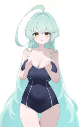 Rule 34 | 1girl, absurdres, abydos high school swimsuit, ahoge, bare arms, bare legs, bare shoulders, black one-piece swimsuit, blue archive, blush, breasts, cleavage, collarbone, cowboy shot, dongye1551, green hair, groin, hair between eyes, halo, highres, huge ahoge, large breasts, long hair, looking at viewer, one-piece swimsuit, open mouth, school swimsuit, signature, simple background, solo, swimsuit, white background, yellow eyes, yellow halo, yume (blue archive)