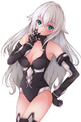 Rule 34 | apt-777, bare shoulders, black heart (neptunia), bodysuit, boots, breasts, cleavage, gloves, green eyes, highres, long hair, medium breasts, neptune (series), noire (neptunia), open mouth, thighs, tsundere, white hair
