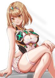 Rule 34 | 1girl, absurdres, alternate hair length, alternate hairstyle, blonde hair, breasts, cleavage, cleavage cutout, closed mouth, clothing cutout, dress, drop earrings, earrings, highres, jewelry, kenichiart, large breasts, looking at viewer, mythra (xenoblade), short dress, short hair, sitting, sleeveless, sleeveless dress, smile, solo, thigh strap, white background, white dress, xenoblade chronicles (series), xenoblade chronicles 2, yellow eyes