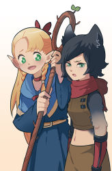 Rule 34 | 2girls, animal ears, armor, belt, black fur, black hair, blonde hair, blue robe, cat ears, dungeon meshi, elf, furrowed brow, gomipomi, green eyes, highres, izutsumi, jewelry, leather armor, looking at another, looking away, marcille donato, multiple girls, navel, necklace, open mouth, pointy ears, red ribbon, red scarf, ribbon, robe, scarf, slit pupils, staff