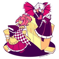Rule 34 | 2girls, abstract cactus, apron, bad id, bad pixiv id, book, bookshelf, head wings, japanese clothes, looking at another, motoori kosuzu, multicolored hair, multiple girls, open book, red eyes, red hair, sitting, smile, tokiko (touhou), touhou, twintails, two-tone hair, two side up, wide sleeves, wings