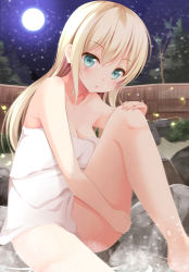 Rule 34 | 1girl, aibumi, aqua eyes, bare legs, barefoot, blonde hair, blush, breasts, cleavage, full moon, highres, long hair, looking at viewer, medium breasts, moon, naked towel, night, night sky, onsen, open mouth, original, pen-zin, sitting, sky, solo, star (sky), starry sky, thighs, towel