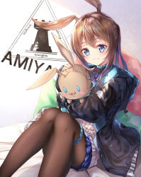 Rule 34 | 1girl, amiya (arknights), animal ears, arknights, bad id, bad pixiv id, black jacket, blue choker, blue eyes, blue skirt, brown hair, brown pantyhose, choker, commentary request, feet out of frame, fukuzawa yukichi (egoist867), highres, holding, holding stuffed toy, jacket, long hair, long sleeves, looking at viewer, miniskirt, pantyhose, pillow, rabbit ears, sitting, skirt, smile, solo, stuffed animal, stuffed rabbit, stuffed toy, thighlet
