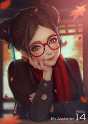 Rule 34 | 1girl, akiko (ms.assistant), autumn leaves, blue ribbon, bow, cameo, character name, closed mouth, copyright name, day, double bun, facebook username, falling leaves, fingernails, freckles, glasses, green eyes, hair bun, hair ribbon, hand on own face, head rest, charm (object), kiki (majo no takkyuubin), large bow, leaf, lips, long sleeves, looking at viewer, magion02, majo no takkyuubin, ms.assistant, nose, original, parted bangs, petals, red-framed eyewear, red bow, red scarf, ribbon, round eyewear, scarf, short hair, smile, solo, watermark, web address