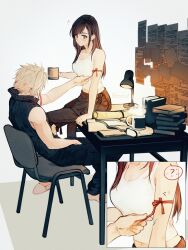 Rule 34 | 1boy, 1girl, ?, absurdres, apron, arm ribbon, bare shoulders, black apron, black hair, black shorts, blonde hair, blush, book, breasts, chair, cloud strife, commentary, couple, crop top, cup, desk, desk lamp, earrings, final fantasy, final fantasy vii, final fantasy vii advent children, full body, high collar, highres, holding, holding cup, jewelry, lamp, long hair, maiii (smaii i), medium breasts, midriff peek, navel, on desk, pulling, red eyes, red ribbon, ribbed shirt, ribbon, shirt, shorts, single earring, sitting, on desk, sleeveless, sleeveless shirt, slippers, spiked hair, sweatdrop, swept bangs, symbol-only commentary, table, tank top, teardrop earring, tifa lockhart, waist apron, white tank top