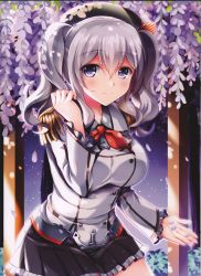 Rule 34 | 1girl, absurdres, blue eyes, breasts, closed mouth, epaulettes, frilled sleeves, frills, fukase ayaka, highres, kantai collection, kashima (kancolle), kerchief, large breasts, lips, long hair, looking at viewer, military, military uniform, petals, scan, silver hair, smile, solo, twintails, uniform, wavy hair
