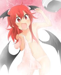 Rule 34 | &gt;:d, 1girl, :d, ^^^, ahoge, arm up, bat wings, blush, breasts, commentary request, convenient censoring, cowboy shot, hair censor, hair over breasts, head wings, holding, holding towel, koakuma, long hair, low wings, nobamo pieruda, nude, open mouth, pink background, red eyes, showering, sidelocks, simple background, small breasts, smile, solo, tan, tanline, tears, touhou, towel, trembling, v-shaped eyebrows, wet, wings