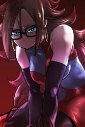 Rule 34 | 1girl, android 21, bare shoulders, black background, blue dress, blue eyes, breasts, checkered clothes, checkered dress, dragon ball, dragon ball fighterz, dress, earrings, elbow gloves, frown, glasses, gloves, gradient background, hoop earrings, jewelry, kemachiku, leaning forward, long hair, red background, red dress, red hair, simple background, sitting, solo, two-tone dress