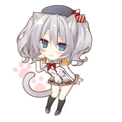 Rule 34 | 10s, 1girl, :3, animal ears, blue eyes, blush stickers, cat ears, cat tail, chibi, epaulettes, hat, kantai collection, kashima (kancolle), kemonomimi mode, long sleeves, looking at viewer, miko (royal milk), military, military uniform, paw pose, silver hair, solo, tail, twintails, uniform