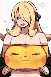 Rule 34 | 1girl, alternate breast size, averting eyes, bare shoulders, blonde hair, blush, breasts, clenched hands, collarbone, commentary, creatures (company), cynthia (pokemon), embarrassed, english commentary, flying sweatdrops, game freak, gen 1 pokemon, hair ornament, hair over one eye, huge breasts, kingbawoon, long hair, nintendo, pikachu, pokemon, pokemon dppt, sweat