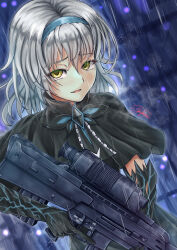 Rule 34 | 1girl, airburst grenade launcher, alice margatroid, alliant techsystems, assault rifle, bullpup, carbine, computerized scope, contraves brashear systems, corruption, green eyes, grenade launcher, grey hair, gun, heckler &amp; koch, highres, huge weapon, l-3 communications corporation, l3 technologies, long gun, looking at viewer, military, military uniform, modular weapon system, multi-weapon, multiple-barrel firearm, night, night-vision device, precision-guided firearm, prototype design, rain, raincoat, rifle, scope, semi-automatic firearm, semi-automatic grenade launcher, short-barreled rifle, short hair, sight (weapon), smart scope, solo, telescopic sight, thermal weapon sight, touhou, transforming weapon, under-barrel configuration, underbarrel assault rifle, underbarrel rifle, uniform, weapon, white hair, xm104 (smart scope), xm29 oicw, yagamin258