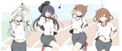 Rule 34 | 4girls, akatsuki (kancolle), alternate costume, arms behind back, artist name, bread, bread eating race, brown eyes, brown hair, chestnut mouth, commentary request, cropped legs, dated, flat chest, food, food in mouth, grey eyes, grey hair, grey shorts, gym shirt, gym shorts, gym uniform, hair ornament, hairclip, hat, hibiki (kancolle), highres, holding, holding food, ikazuchi (kancolle), inazuma (kancolle), kantai collection, long hair, looking at viewer, midriff, midriff peek, mouth hold, multiple girls, navel, one eye closed, open mouth, purple eyes, purple hair, red footwear, shirt, shoes, short hair, short sleeves, shorts, simple background, smile, sneakers, t-shirt, taira yuuki, very long hair, white background, white shirt