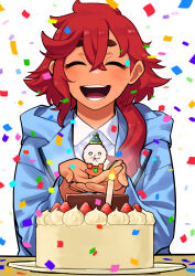 Rule 34 | 1girl, :d, absurdres, birthday cake, blue jacket, cake, candle, closed eyes, confetti, ericht samaya, facing viewer, food, gundam, gundam suisei no majo, highres, holding, jacket, kanke (kank06020602), long hair, open mouth, plate, red hair, smile, suletta mercury, table, thick eyebrows, upper body