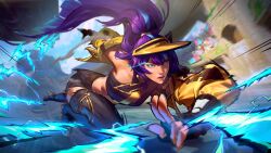 Rule 34 | 1girl, bare shoulders, black gloves, black shorts, black thighhighs, closed mouth, day, fingerless gloves, gloves, high heels, highres, irelia, jacket, league of legends, league of legends: wild rift, lightning, long hair, official art, open clothes, open jacket, outdoors, ponytail, purple hair, shorts, solo, soul fighter irelia, stadium, thighhighs, yellow jacket
