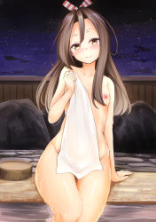 Rule 34 | 1girl, alternate hairstyle, bad id, bad pixiv id, blush, brown eyes, brown hair, bucket, collarbone, covering privates, fence, flat chest, hair down, hair ribbon, holding, holding towel, kantai collection, long hair, nipples, nude cover, onsen, ribbon, rock, sitting, soaking feet, solo, straight hair, thighs, towel, water, wooden bucket, wooden fence, zarashi, zuihou (kancolle)