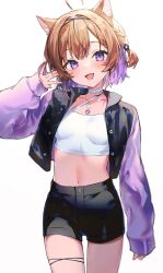 Rule 34 | 1girl, ahoge, animal ears, black shorts, blush, braid, breasts, brown hair, camisole, cat ears, character request, choker, commentary request, copyright request, cowboy shot, crop top, cropped jacket, highres, jacket, jewelry, looking at viewer, multicolored hair, navel, necklace, nekoyashiki pushio, open clothes, open jacket, open mouth, purple eyes, purple hair, short shorts, shorts, side braid, simple background, skindentation, sleeves past wrists, small breasts, smile, solo, thigh gap, thigh strap, two-tone hair, white background, white choker