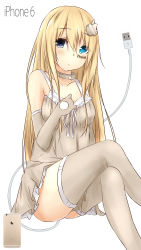Rule 34 | 1girl, absurdres, apple inc., blonde hair, blue eyes, blush, breasts, cellphone, choker, collarbone, crossed legs, dress, elbow gloves, facial tattoo, food-themed hair ornament, gloves, hair ornament, hand on own chest, heterochromia, highres, iphone, long hair, looking at viewer, personification, phone, product girl, saku (kudrove), sitting, smartphone, solo, tattoo, thighhighs, usb, very long hair, white background