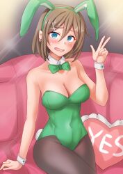 Rule 34 | 1girl, animal ears, anti (untea9), blue eyes, blush, bow, bowtie, breasts, brown hair, brown pantyhose, couch, detached collar, earrings, embarrassed, fake animal ears, green leotard, hair ornament, hairclip, highres, jewelry, kantai collection, leotard, looking at viewer, maya (kancolle), medium breasts, open mouth, pantyhose, playboy bunny, rabbit ears, rabbit tail, short hair, single earring, sitting, strapless, strapless leotard, tail, traditional bowtie, wrist cuffs, x hair ornament, yes-no pillow