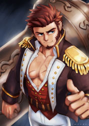 Rule 34 | 1boy, abs, bara, beard, blue eyes, brown hair, collared jacket, epaulettes, facial hair, fate/grand order, fate (series), huge weapon, jacket, long sideburns, long sleeves, looking to the side, male focus, military, military uniform, mocucumo, muscular, napoleon bonaparte (fate), pants, pectorals, scar, short hair, sideburns, simple background, smile, solo, thumbs up, uniform, weapon