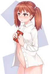 Rule 34 | 1girl, :o, absurdres, blush, box, brown eyes, brown hair, collared shirt, cowboy shot, dress shirt, gift, gift box, groin, heart, highres, holding, holding gift, kantai collection, long hair, long sleeves, looking away, multicolored hair, naked shirt, navel, no panties, open mouth, partially unbuttoned, ryouya, ryuujou (kancolle), shirt, solo, standing, stomach, twintails, two-handed, two-tone hair, valentine, wing collar