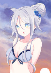 Rule 34 | 1girl, :o, alternate costume, bare shoulders, bikini, blue bikini, blue eyes, blue flower, blush, breasts, cleavage, cloud, cloudy sky, collarbone, commentary request, flower, front-tie bikini top, front-tie top, hair bun, hair flaps, hair flower, hair ornament, hatsuzuki 527, highres, kantai collection, lace-trimmed bow, lace trim, medium breasts, multicolored eyes, open mouth, outdoors, parted bangs, short hair, sidelocks, silver hair, single hair bun, sky, solo, swimsuit, twilight, twitter username, umikaze (kancolle), umikaze kai ni (kancolle), upper body, yellow eyes