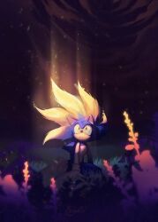 1boy animal_ears blue_fur flower furry furry_male gloves glowing glowing_flower grass green_eyes hashtag-only_commentary hauringu highres kneeling looking_up male_focus night on_grass open_mouth solo sonic_(series) sonic_the_hedgehog super_sonic transformation yellow_fur