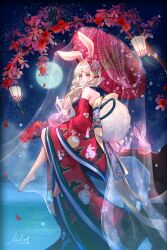 Rule 34 | 1girl, absurdres, animal ears, animal print, artist name, back, barefoot, blonde hair, blush, bow, brown eyes, commentary, dated, english commentary, facial mark, flower, forehead mark, from side, hair bow, hair ornament, highres, lantern, long hair, looking at viewer, moon, naninna, night, night sky, off shoulder, original, parted bangs, parted lips, rabbit, rabbit ears, rabbit girl, rabbit hair ornament, rabbit print, red bow, red flower, sitting, sky, soles, solo, star (sky), tree, very long hair, water