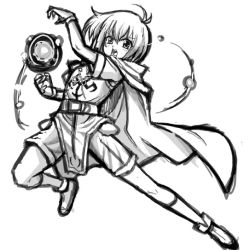 Rule 34 | 00s, 1boy, androgynous, antenna hair, belt, bracelet, cape, full body, greyscale, jewelry, looking at viewer, lyrical nanoha, mahou shoujo lyrical nanoha, male focus, monochrome, short sleeves, simple background, solo, tabard, thigh strap, white background, yuuno scrya