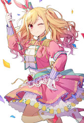 Rule 34 | 1girl, animal ear headwear, band uniform, blonde hair, boots, commentary, confetti, easter, fake animal ears, gloves, gradient hair, hat, highres, long hair, long sleeves, looking at viewer, marching band, marching band baton, mini hat, mini top hat, multicolored hair, one eye closed, pink eyes, pink hair, pink uniform, project sekai, shachi (kaisendon), smile, solo, standing, standing on one leg, tenma saki, top hat, twintails, uniform, white gloves