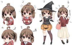 Rule 34 | 10s, 1girl, aged down, ahoge, alternate costume, alternate hairstyle, alternate headwear, bad id, bad pixiv id, blush, brown eyes, brown hair, commentary request, cup, drinking, earrings, closed eyes, food, halloween, halloween costume, hat, jewelry, kantai collection, looking at viewer, mouth hold, mug, mugichoko (mugi no choko), musical note, no headwear, pocky, pocky kiss, ponytail, quaver, ryuujou (kancolle), shared food, short hair, smile, translated, twintails, v, witch hat