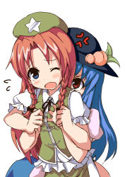 Rule 34 | 2girls, anger vein, blue eyes, blue hair, bow, braid, breasts, darkside, female focus, food, fruit, grabbing, grabbing another&#039;s breast, hair bow, hat, hinanawi tenshi, hong meiling, long hair, multiple girls, neck ribbon, one eye closed, open mouth, peach, red eyes, red hair, ribbon, simple background, small breasts, touhou, twin braids, wince