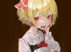 Rule 34 | 1girl, absurdres, ascot, black vest, blonde hair, blood, blood on face, blood on hands, blush, collared shirt, fingernails, hair ribbon, highres, long sleeves, looking at viewer, nail polish, open mouth, pink nails, red ascot, red eyes, red ribbon, ribbon, rumia, shirt, short hair, solo, touhou, vest, white shirt, xinjinjumin