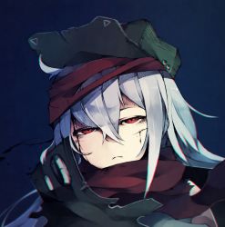 Rule 34 | 1girl, absurdres, ahoge, bare shoulders, blood, blood on face, blue background, chromatic aberration, collared jacket, crossed bangs, deep wound, expressionless, floating hair, g11 (girls&#039; frontline), girls&#039; frontline, green jacket, hair between eyes, half-closed eyes, hat, highres, injury, jacket, long hair, looking at viewer, messy hair, open clothes, open jacket, red eyes, red scarf, scarf, scarf on head, serious, sidelocks, silver hair, simple background, solo, torn clothes, torn jacket, torn scarf, yamaarashi (kakamiaku)