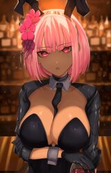 Rule 34 | 1girl, absurdres, alcohol, alternate hair length, alternate hairstyle, alternate skin color, animal ears, arm under breasts, bar (place), between breasts, black leotard, black necktie, blunt bangs, blurry, blurry background, breasts, brown pantyhose, cropped jacket, cup, dark-skinned female, dark skin, detached collar, drinking glass, fake animal ears, flower, gold hairband, hair flower, hair ornament, hair stick, hairband, highleg, highleg leotard, highres, holding, holding cup, hololive, hololive english, indoors, large breasts, leotard, long sleeves, looking at viewer, mori calliope, necktie, o22no, open mouth, pantyhose, pink eyes, pink flower, pink hair, playboy bunny, rabbit ears, short hair, sleeves rolled up, solo, strapless, strapless leotard, upper body, virtual youtuber, wine, wine glass, wrist cuffs