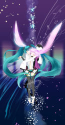 Rule 34 | absurdres, aqua hair, closed eyes, hatsune miku, hatsune miku (append), highres, long hair, mao (alepricos), meteor (vocaloid), navel, necktie, open mouth, pink hair, solo, thighhighs, twintails, very long hair, vocaloid, vocaloid append, zettai ryouiki