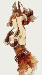 Rule 34 | 10s, 1girl, :o, animal ears, arm up, armor, armpits, belt, black gloves, black panties, bow, bowtie, bra, brown dress, brown eyes, brown hair, cowboy shot, dress, erune, finger to mouth, from side, gloves, granblue fantasy, green bow, green bowtie, grey background, hair ornament, karuteira, lace, lace-trimmed bra, lace trim, looking at viewer, mishima hiroji, panties, short dress, short hair, side slit, simple background, sleeveless, sleeveless dress, solo, thighhighs, underwear, white bra, white thighhighs