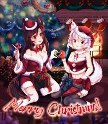 Rule 34 | 2girls, absurdres, alternate costume, animal ears, bare shoulders, black legwear, bow, bowtie, box, breasts, brown hair, candy, candy cane, christmas, christmas ornaments, christmas tree, cleavage, collarbone, dress, dungeon toaster, fireplace, food, fur-trimmed dress, fur-trimmed headwear, fur choker, fur trim, gift, gift box, gloves, hat, heart, heart hands, heart hands duo, highres, imaizumi kagerou, inubashiri momiji, long hair, looking at viewer, merry christmas, midriff, multiple girls, navel, off shoulder, open mouth, pom pom (clothes), red bow, red bowtie, red eyes, red gloves, red skirt, santa costume, santa hat, short hair, skirt, tail, thighhighs, tongue, tongue out, touhou, white hair, white legwear, wolf ears, wolf tail, zettai ryouiki