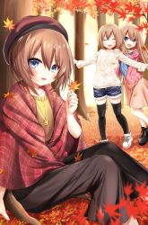 Rule 34 | 3girls, :d, absurdres, autumn leaves, black legwear, black skirt, blanc (neptunia), blue eyes, blush, brown hair, checkered clothes, ex idol, closed eyes, forest, hat, highres, holding, long hair, looking at viewer, multiple girls, nature, neptune (series), open mouth, orange skirt, plaid shawl, ram (neptunia), rom (neptunia), shawl, short hair, siblings, sisters, skirt, smile, sweater, thighhighs, twins