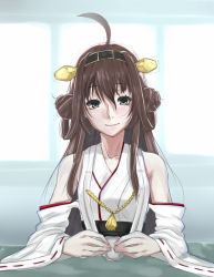 Rule 34 | 10s, 1girl, ahoge, brown hair, detached sleeves, double bun, kantai collection, kongou (kancolle), long hair, mikan (chipstar182), nontraditional miko, personification, solo, wide sleeves