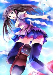 Rule 34 | apron, bad id, bad pixiv id, black hair, blue eyes, blue sky, cloud, day, from below, highres, miniskirt, natsushima memo, neck ribbon, open mouth, panties, pentagon (shape), pleated skirt, ribbon, rooftop, skirt, sky, solo, sparkle, striped clothes, striped panties, thighhighs, underwear, working!!, yamada aoi