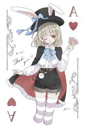 Rule 34 | 1girl, absurdres, ace (playing card), ace of hearts, blue bow, blue bowtie, bow, bowtie, cape, card, commission, grey hair, hat, hat bow, hat with ears, heart, highres, holding, holding card, long sleeves, one eye closed, open mouth, original, playing card, pocket watch, red eyes, shirt, shorts, skeb commission, smile, solo, striped clothes, striped thighhighs, thighhighs, top hat, watch, white shirt, yuge kemuri