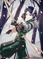 Rule 34 | 1girl, 40hara, angry, archery, armor, arrow (projectile), belt, black eyes, black hair, bow (weapon), circlet, copyright name, drawing bow, feather hair ornament, feathers, fire emblem, fire emblem awakening, fire emblem cipher, gloves, holding, holding bow (weapon), holding weapon, looking at viewer, nintendo, noire (fire emblem), pants, short hair, snow, solo, weapon