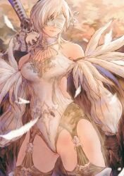 Rule 34 | 10h (nier reincarnation), 1girl, absurdres, bare shoulders, between labia, black gloves, blindfold, closed mouth, clothing cutout, commentary, covered eyes, cowboy shot, detached sleeves, facing viewer, falling feathers, feather-trimmed sleeves, feathers, garter straps, gloves, gusty10rk, heattech leotard, highres, leotard, medium hair, nier (series), nier reincarnation, puffy sleeves, red lips, side cutout, solo, weapon behind back, white blindfold, white feathers, white hair, white leotard
