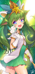 Rule 34 | 1girl, bad id, bad pixiv id, blue eyes, blush, dduck kong, elbow gloves, gloves, green hair, highres, league of legends, long hair, looking at viewer, lulu (league of legends), open mouth, pointy ears, smile, solo, star guardian (league of legends), star guardian lulu, white gloves, yordle