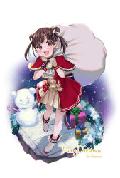Rule 34 | &gt; o, 1girl, :d, :q, artist name, blush, boots, brown dress, brown gloves, brown hair, candy, candy cane, double bun, dress, food, gift, gloves, hair bun, hair ornament, hands up, highres, holding, holding sack, idolmaster, idolmaster shiny colors, merry christmas, nail polish, one eye closed, open mouth, orange eyes, pleated dress, sack, short twintails, smile, snowman, solo, sonoda chiyoko, soramame tomu, tongue, tongue out, twintails, white footwear