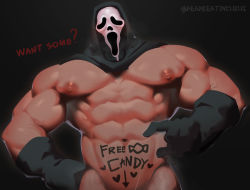 Rule 34 | 1boy, abs, artist name, bara, biceps, body writing, covered erect nipples, dead by daylight, deadbeatincubus, english text, feet out of frame, ghostface, gloves, hood, hoodie, large pectorals, looking at viewer, male focus, manly, mask, mature male, muscular, muscular male, nipples, pectorals, precum, scream (movie), simple background, solo, thick arms, topless male, twitter username