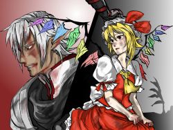 Rule 34 | 00s, 1boy, 1girl, armor, blonde hair, blood, buront, crossover, crying, crystal, dress, final fantasy, final fantasy xi, flandre scarlet, hat, injury, maruman, pointy ears, puffy short sleeves, puffy sleeves, red eyes, short sleeves, silver hair, the iron of yin and yang, touhou, vampire, vest, wings