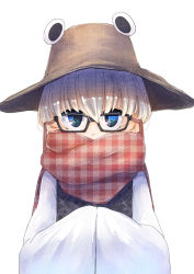 Rule 34 | 1girl, bespectacled, blonde hair, blue eyes, checkered clothes, checkered scarf, covered mouth, floral print, glasses, highres, long sleeves, looking at viewer, mankun, moriya suwako, own hands together, plaid, plaid scarf, purple vest, pyonta, scarf, shiny clothes, shirt, simple background, solo, touhou, unmoving pattern, upper body, vest, white background, white shirt, wide sleeves